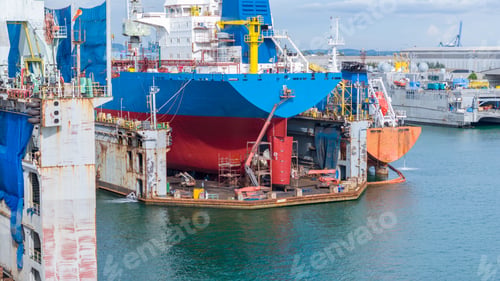 Preview: Worker on a boom lift washing the massive hull of a cargo ship with high-pressure water jet in a dry
