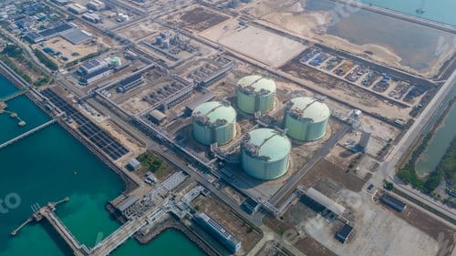 Preview: Massive LNG storage tank facility at an industrial coastal terminal. Global natural gas energy logis