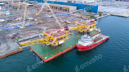 Preview: Offshore Oil and Gas Platform Structure Loaded on a Heavy Transport Barge With a Supply Vessel at a
