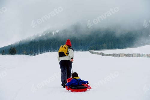 Preview: Woman pulling child on sled through snow