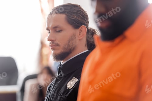 Preview: Selective Focus of Bailiff in Uniform Near Accused African American Man on Blurred Foreground