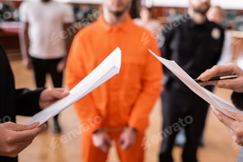 Preview: Partial View of Advocate and Prosecutor With Documents Near Accused Man and Jurors on Blurred