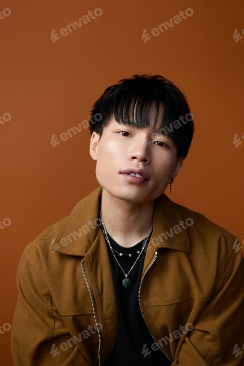 Preview: Stylish young man poses confidently against a warm orange backdrop in a trendy outfit for the camera