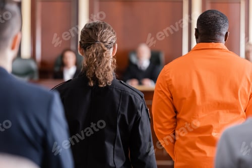 Preview: Back View of Accused African American Man Near Guard and Blurred Jurors in Courtroom