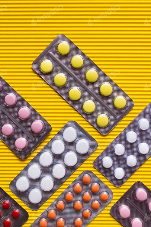 Preview: Top View of Blister Packs With Different Colorful Pills on Yellow Textured Background