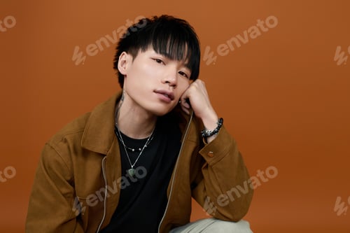 Preview: Young man poses thoughtfully against a warm, earthy backdrop with a stylish outfit