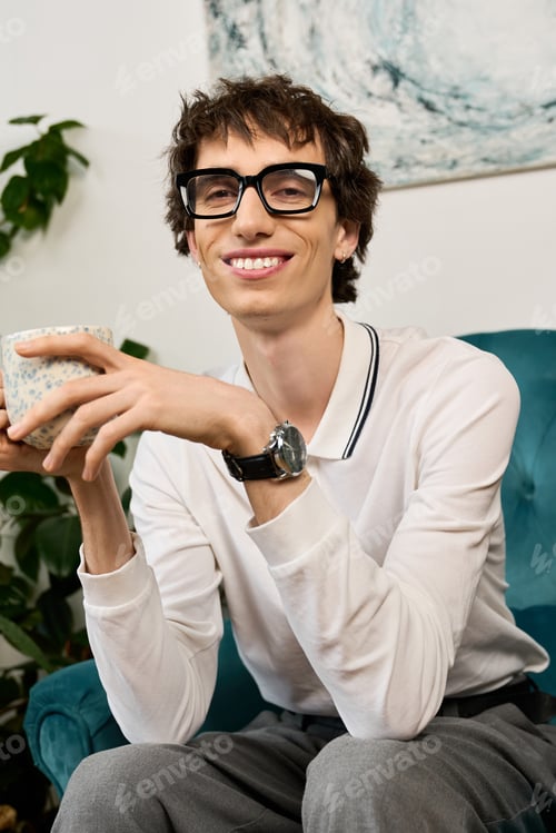 Preview: Androgynous young man enjoying a relaxed afternoon at home, embracing authentic self