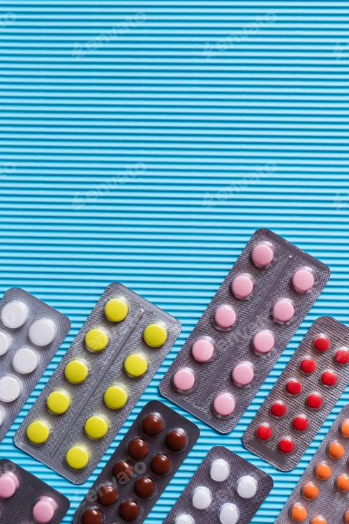 Preview: Top View of Blister Packs With Different Pills on Blue Textured Background