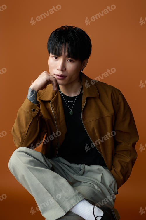 Preview: Handsome young man poses confidently against a warm, inviting backdrop in stylish attire