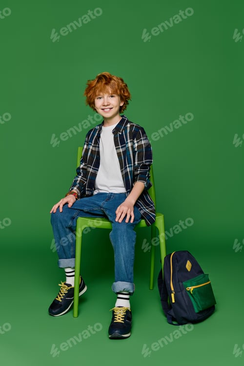Preview: Stylish little boy in vibrant attire sits confidently on a green chair against a colorful backdrop