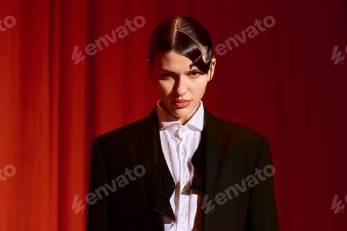 Preview: Elegant portrait of a young artistic woman performing in a vibrant theatre setting