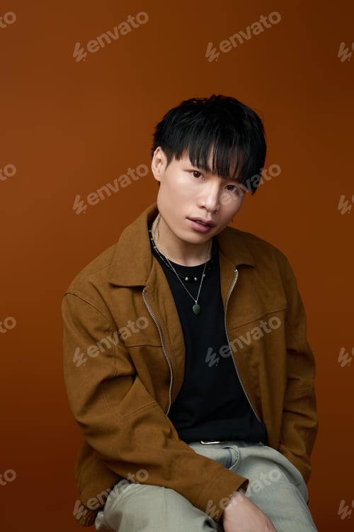 Preview: Young handsome man poses confidently against a warm brown backdrop in a stylish outfit
