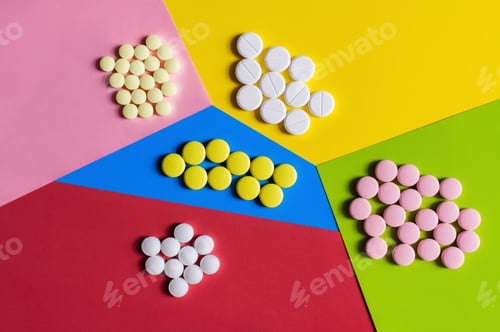 Preview: Top View of Different Round Shape Pills on Colorful Background