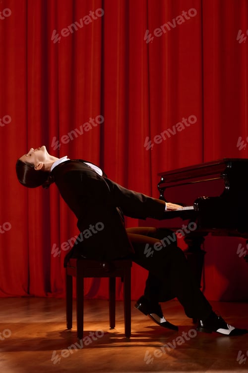 Preview: Joy lights up a vibrant performance under red curtains with a captivating young woman