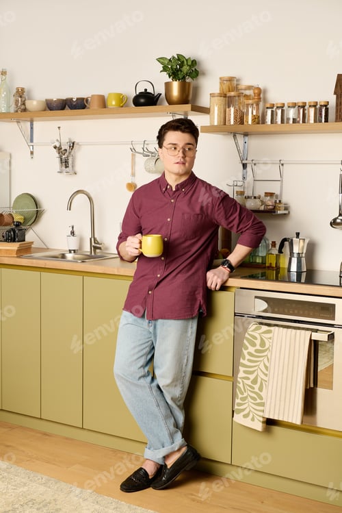 Preview: Handsome young man enjoying morning coffee in a modern kitchen filled with plants and utensils
