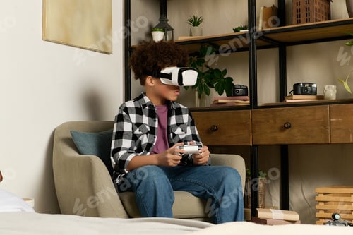 Preview: Teenager enjoying virtual reality gaming in a cozy living room space