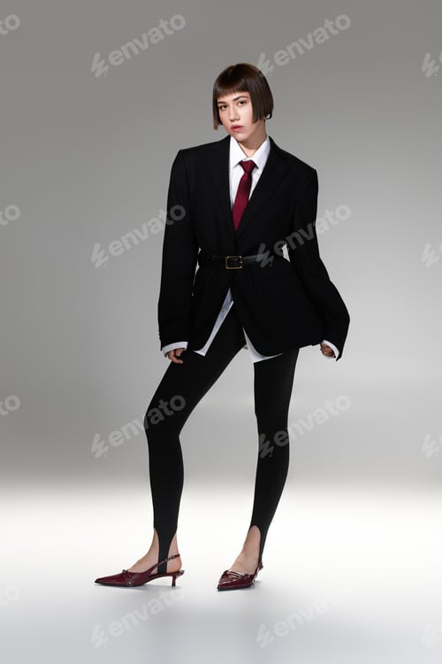 Preview: Young woman makes a bold fashion statement in an oversized blazer and chic heels