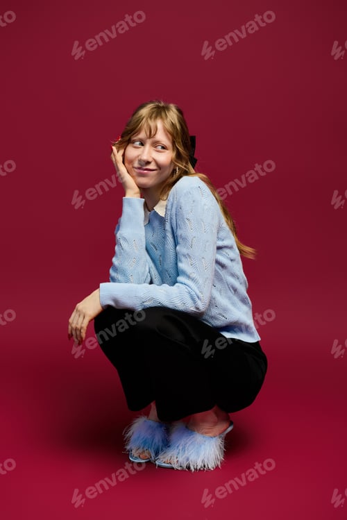 Preview: Young woman posing in stylish attire against a vibrant backdrop with a playful expression