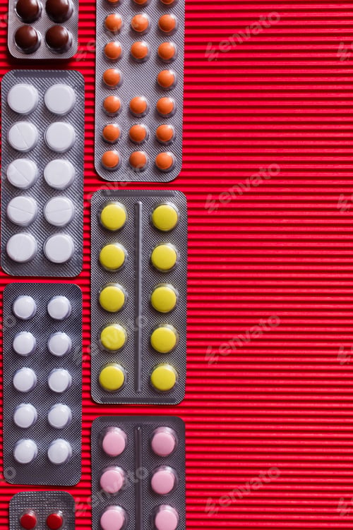 Preview: Top View of Blister Packs With Different Pills on Crimson Textured Background