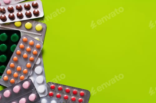 Preview: Top View of Blister Packs With Different Pills Isolated on Yellow-green Background