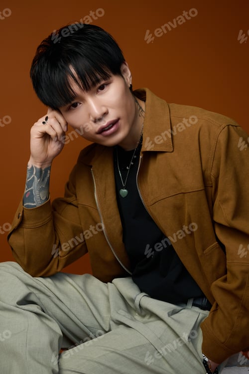 Preview: Handsome young man poses stylishly with confidence and charm against a warm backdrop