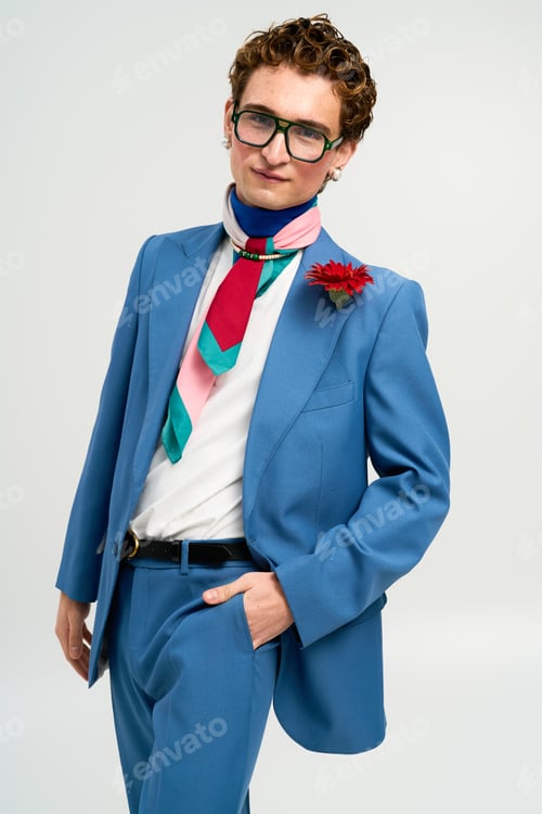 Preview: Bold fashion statement by a stylish young man in a trendy studio setting