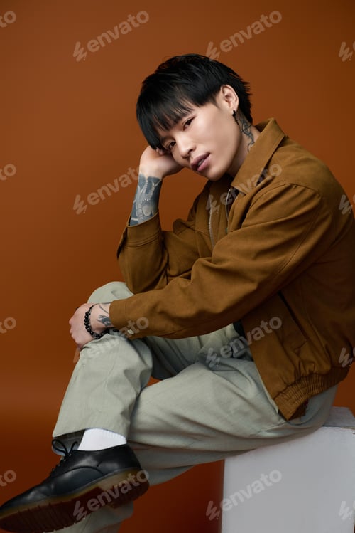 Preview: Young man poses stylishly in warm hues, showcasing tattoos and a confident demeanor