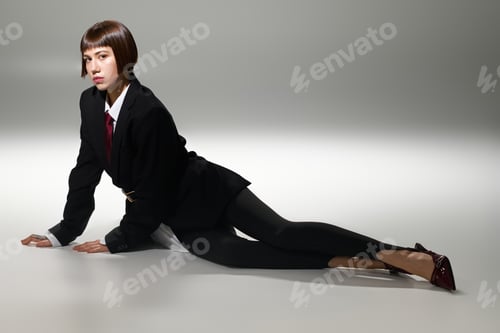 Preview: Stylish young woman poses gracefully in a modern fashion studio setting