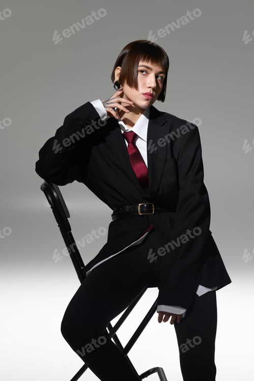 Preview: Stylish young woman exuding confidence in trendy outfit and chic black blazer