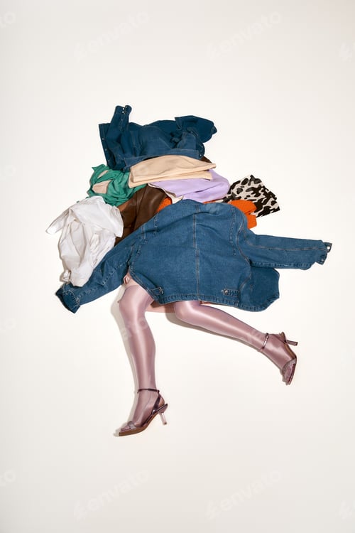 Preview: Stylish young woman surrounded by vibrant clothing in a creative fashion display