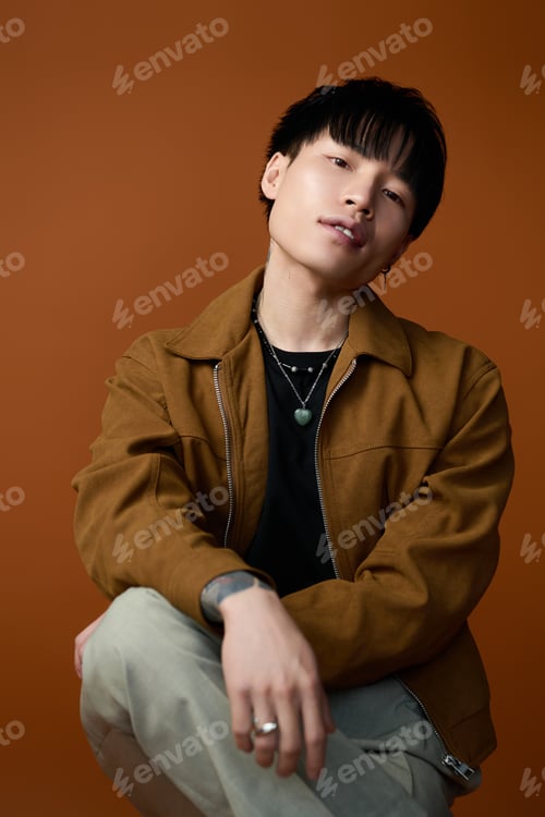 Preview: Fresh and stylish young man poses confidently against a warm backdrop