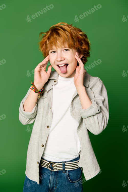 Preview: Charming little boy showcases his vibrant style with playful expressions in a cheerful backdrop