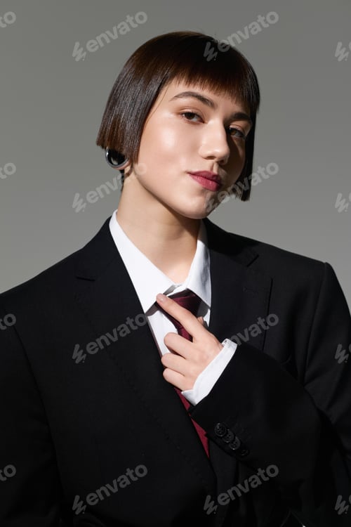 Preview: Fashionable young woman exudes confidence in stylish suit against minimalist backdrop