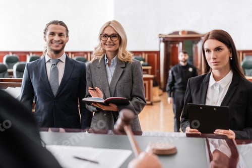 Preview: Smiling Advocate Pointing With Hand Near Happy Businessman and Judge on Blurred Foreground
