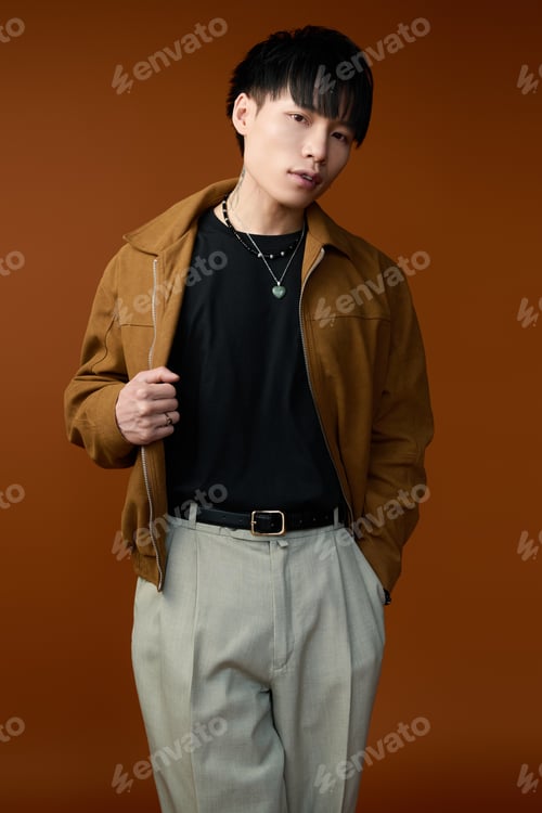 Preview: Stylish young man posing confidently in a trendy outfit against a warm brown backdrop