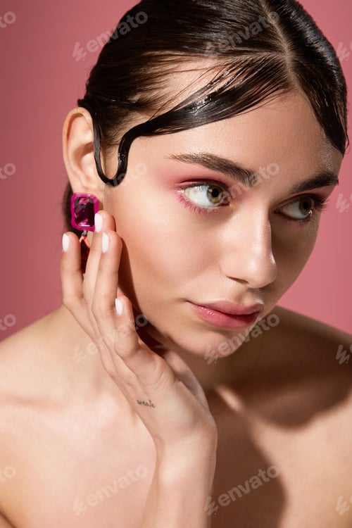 Preview: Stylish young woman showcasing vibrant fashion and beauty in a colorful setting