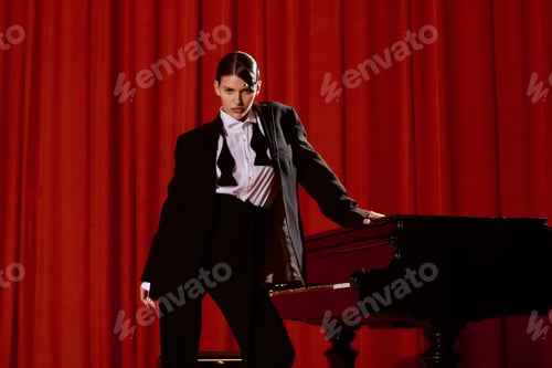 Preview: Striking artistic woman showcases elegance in vibrant theater setting