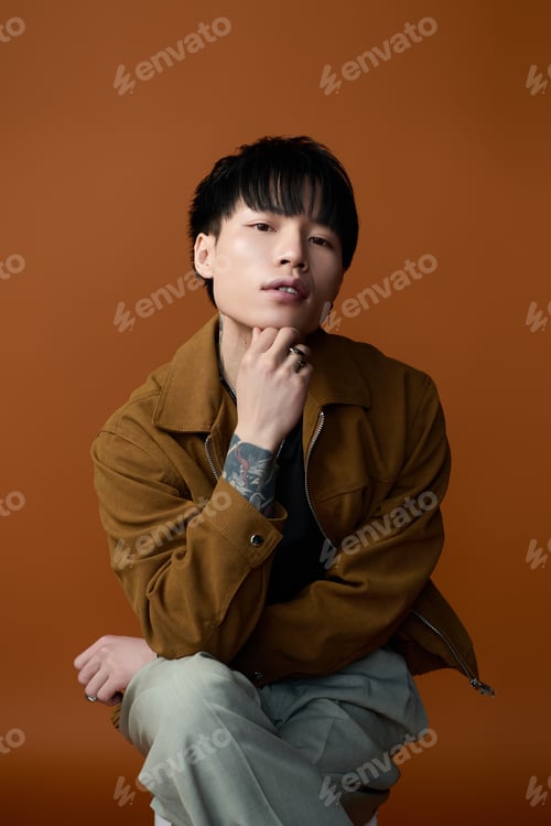 Preview: Young handsome man poses thoughtfully against a warm orange background in a stylish outfit