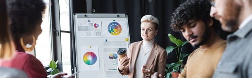 Preview: Woman With Coffee to Go Talking to Blurred Interracial Colleagues Near Flip Chart in Ad Agency,
