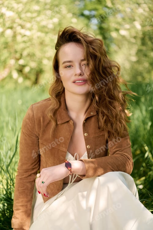Preview: Beautiful young woman revels in summer joy with style in a lush green setting