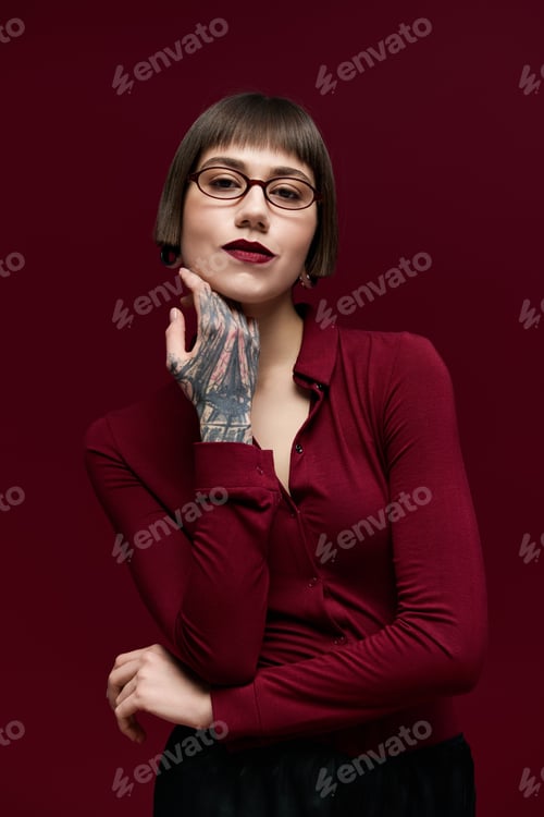 Preview: Stylish young woman with unique tattoos showcases confidence and trendy fashion choices