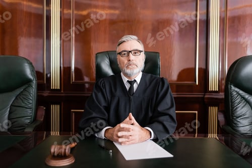 Preview: Senior Judge in Mantle and Eyeglasses Sitting With Clenched Hands Near Gavel and Paper on Desk