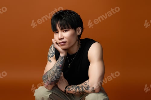 Preview: Captivating portrait of a young handsome man showcasing bold tattoos against a warm backdrop