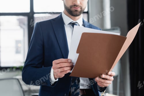 Preview: Cropped View of Economist in Blazer Holding Folder With Documents