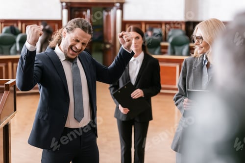 Preview: Excited Businessman Shouting and Showing Win Gesture Near Attorney in Court
