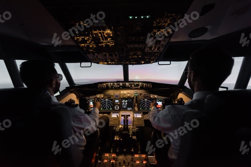 Preview: Back View of Professionals Piloting Modern Airplane