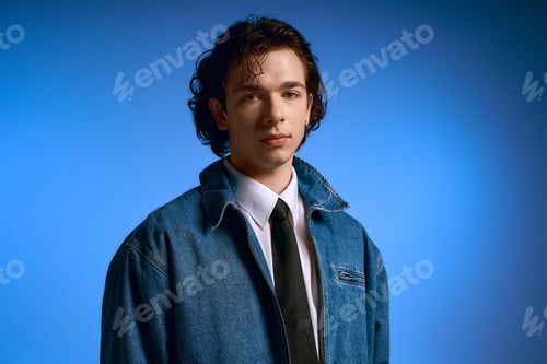 Preview: Emotional young man with curly hair showcases stylish attire against a vibrant blue backdrop