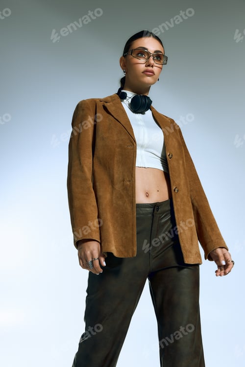 Preview: Young woman showcases trendy fashion with a suede blazer in a stylish studio setting