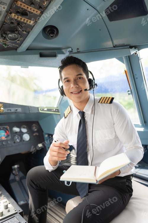 Preview: Successful Male Airline Captain Pilot Preparing for Flight at Airport.