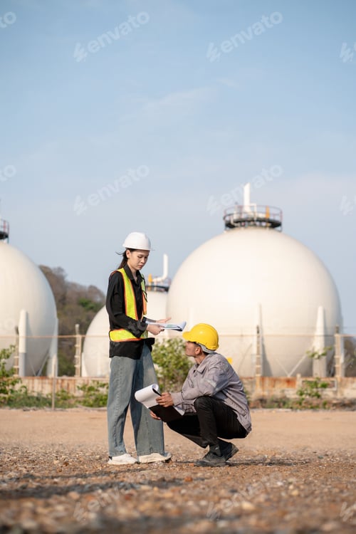 Preview: Environmental engineer inspecting wastewater treatment quality near industrial oil refinery port.
